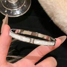 1pc Titanium Steel Rhinestone Bangle Bracelet, Bamboo Knot Shell Waist Clover Nail Star Adjustable Wristband, Non-Fading Jewelry Accessory For Women - Silver - View 14
