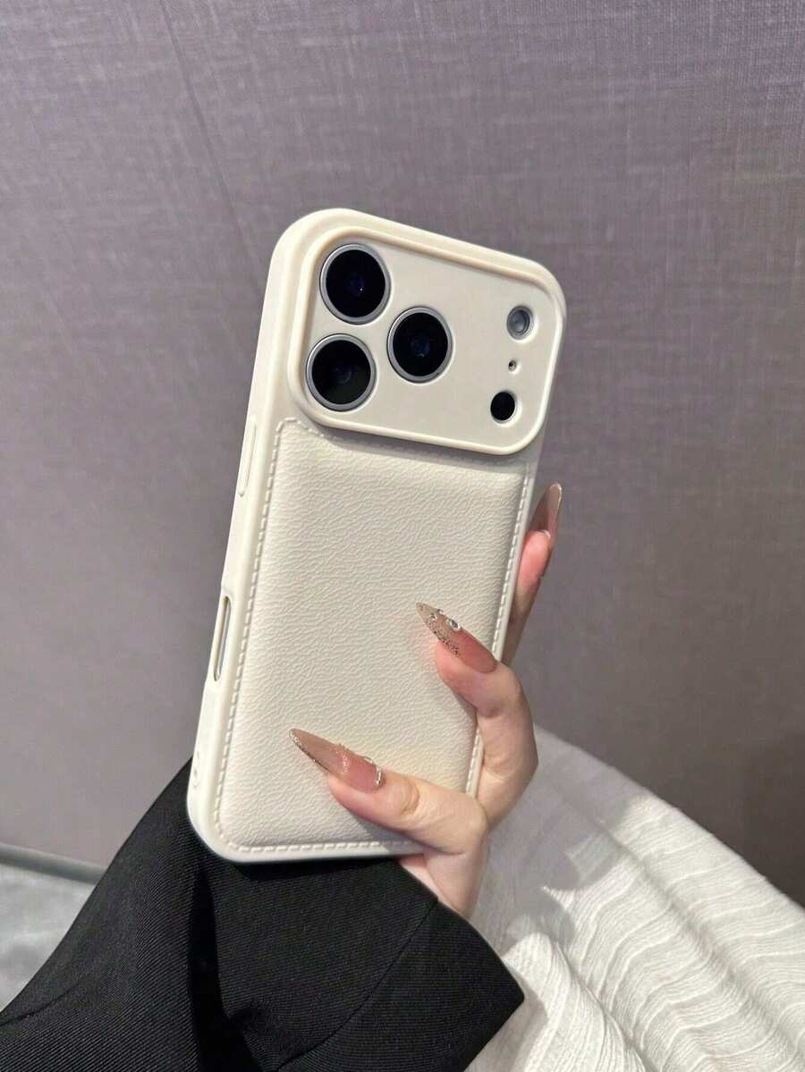 1pc Minimalist Solid Color Leather Texture High-Quality Phone Case Compatible With IPhone 17/17Pro/17Promax/16promax/16/16pro/16plus/15/15promax/15pro/11/12/13/14promax/11pro/11promax/12pro/12promax/13pro/13promax/14pro/14promax, Elegant Creative Design - White - View 1