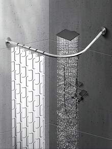 Barra de cortina de ducha ajustable de acero inoxidable, estantería de esquina para baño en forma de L, fácil instalación con agujeros, accesorios de baño de metal para cortina y ganchos - B - Ver 1