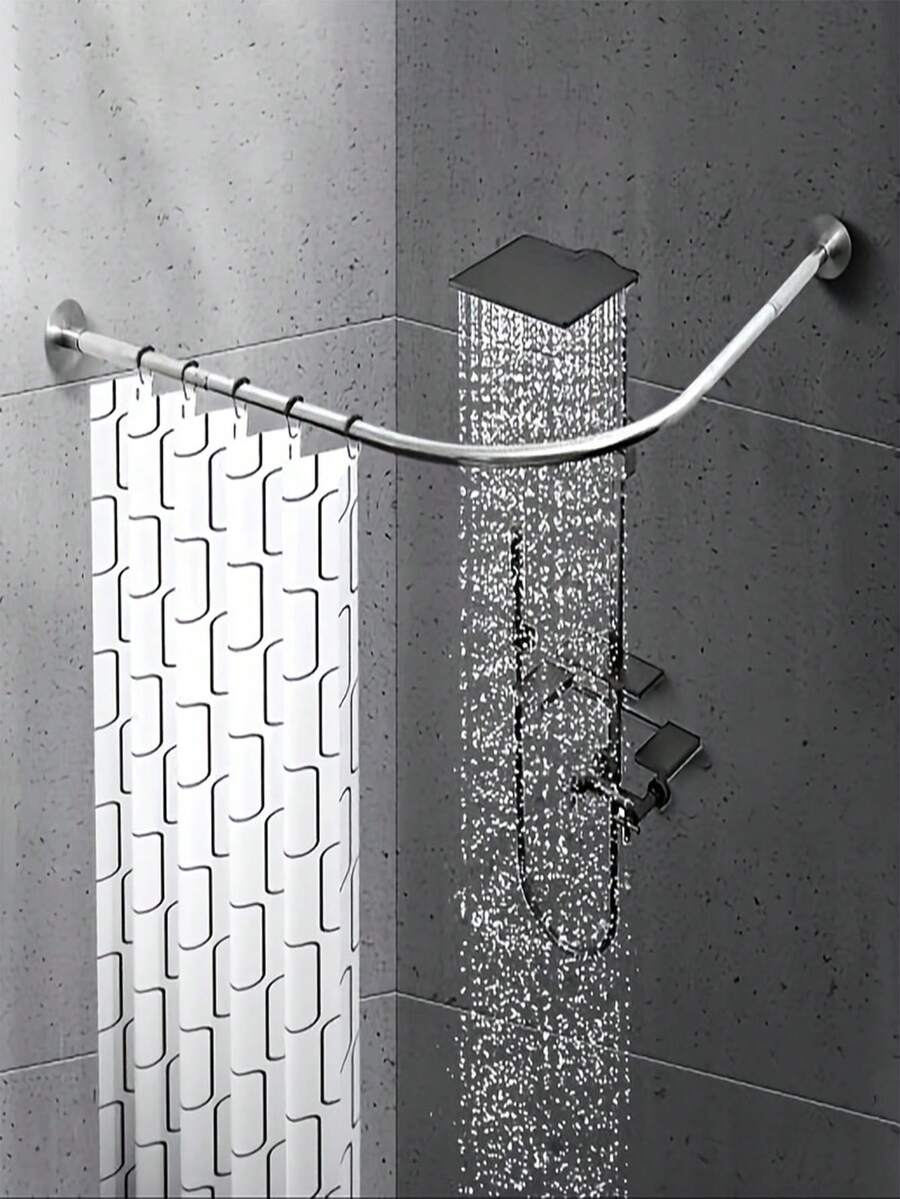 Barra de cortina de ducha ajustable de acero inoxidable, estantería de esquina para baño en forma de L, fácil instalación con agujeros, accesorios de baño de metal para cortina y ganchos - B - Ver 1