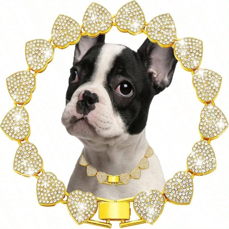 Heart-Shaped Cuban Link Pet Necklace, Inlaid With Shiny Rhinestones, Luxury Collar Accessory For Small, Medium And Large Dogs & Cats, Suitable For Daily Wear Or Holidays - Multicolor - View 1