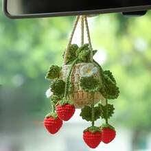 Strawberry Crochet Rearview Mirror Accessory, Handmade Car Rearview Mirror Ornament, Rearview Mirror Accessory, Women's Car Decoration - Pink - View 7
