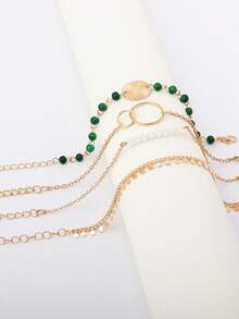 Conjunto de pulseras bohemias de capas con discos dorados y cuentas, pulsera apilable con encantos de piedras verdes y blancas, joyería de uso diario, regalo - Multicolor - Ver 2