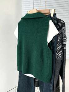 Autumn/Winter New Ribbed Knit Vest, Coffee Color, Sleeveless, Double Zipper, Casual Commute Layering Essential - Green - View 5