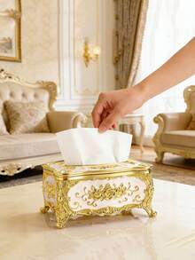 1pc Rose Flower Pattern Paper Towel Box, Luxury European And American Style Gold-Plated Tissue Box, Suitable For Living Room, Bathroom, Vanity, Nightstand, Kitchen, Hotel, KTV, Bar, Restaurant, Home Use - Gold White - View 6