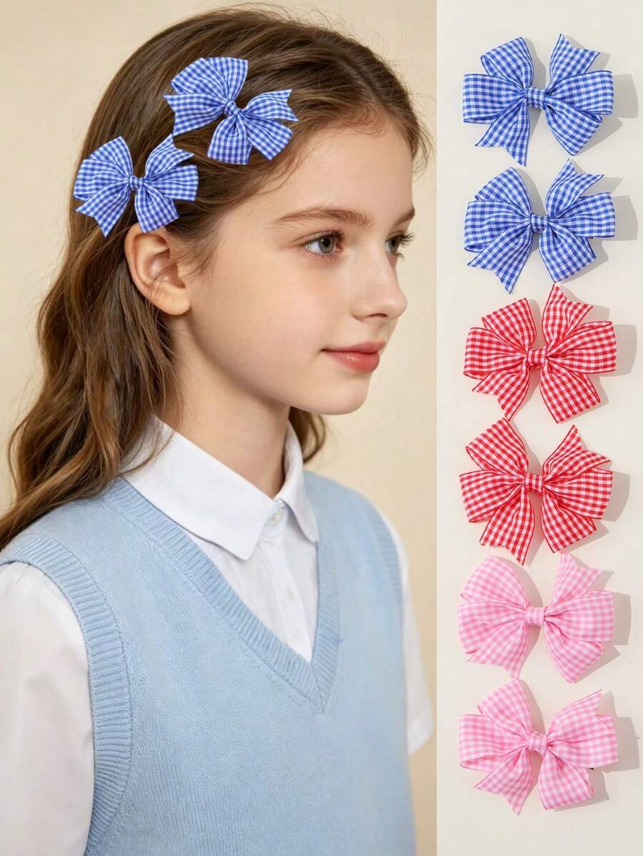 6个女孩简约蝴蝶结刘海马尾发夹，适合日常和上学使用 - 彩色 - 查看 1