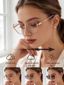 1 pieza Gafas de montura de ojo de gato metálica, lentes fotocromáticas sensibles a la luz para exteriores, gafas sin receta para computadora para interiores, miopía, versátil y de moda para mujeres - Multicolor - Ver 11
