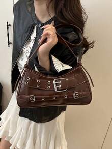复古摩托车风格腋下包，时尚个性INS单肩包，简约通勤斜挎包 - 咖啡 - 查看 2