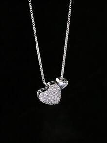 1pc New Fashionable Minimalist Versatile Heart-Shaped Rhinestone Copper Pendant Necklace, Suitable For Women's Daily Wear, Valentine's Day Gift - Silver 2 - View 5