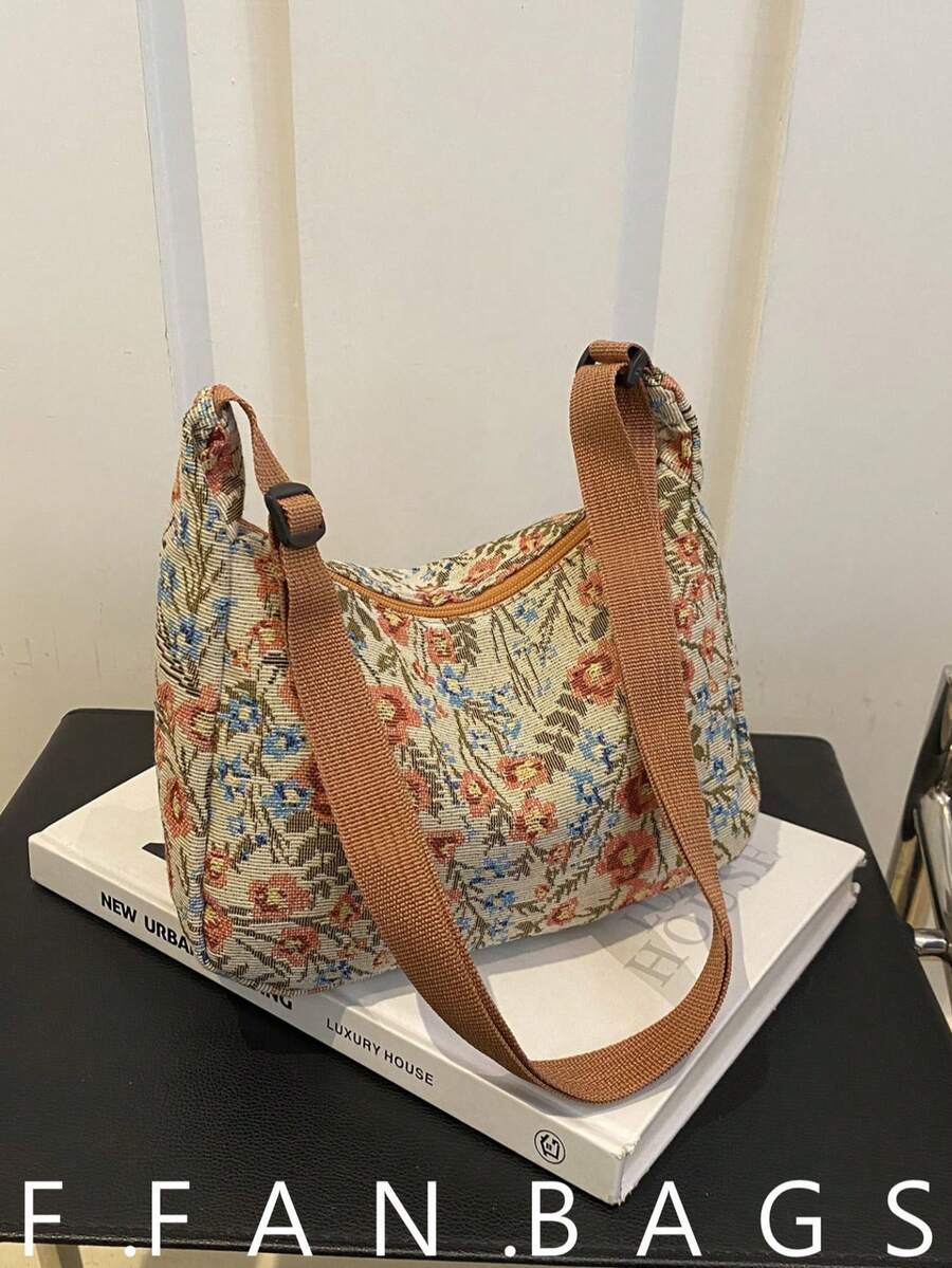 Fashionable Large Capacity Printed Patchwork Fabric Underarm Shoulder Tote Bag - Brown - View 1