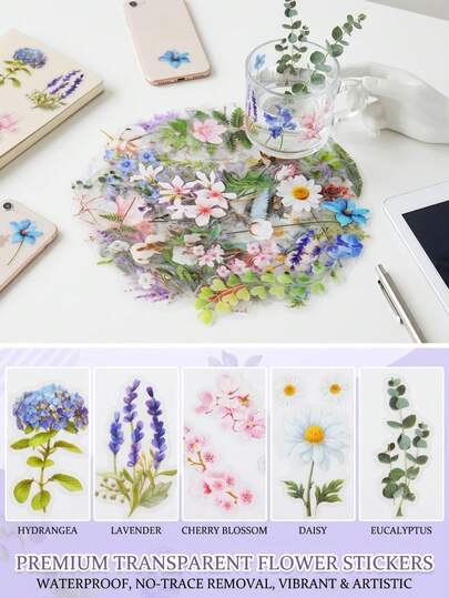 150张天然花朵贴纸，适用于剪贴簿、卡片制作、水瓶装饰，透明自粘花朵贴纸，适合成人DIY手工制作