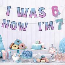 1套 I Was 6 Now I'm 7 漸層亮片數字DIY繩掛布條，粉藍漸層 7 歲生日裝飾牌，亮片 6 到 7 星形剪紙花環，適合馬卡龍色美人魚主題生日派對裝飾用品 - 多色 - 查看 1