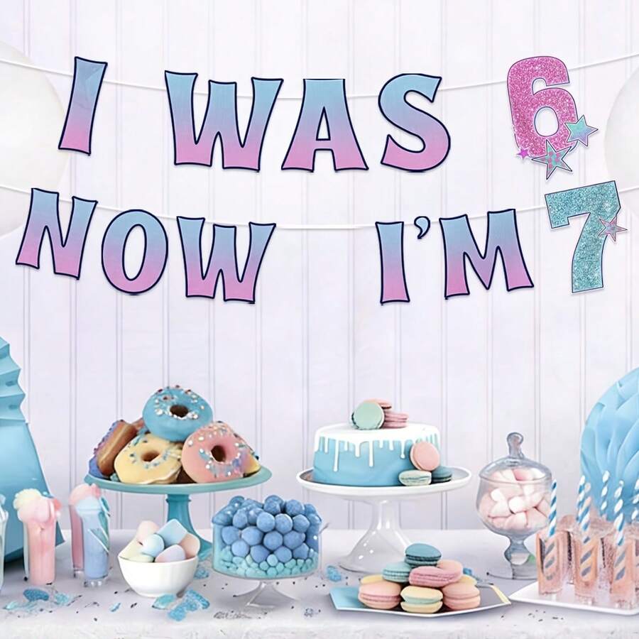 1套 I Was 6 Now I'm 7 漸層亮片數字DIY繩掛布條,粉藍漸層 7 歲生日裝飾牌,亮片 6 到 7 星形剪紙花環,適合馬卡龍色美人魚主題生日派對裝飾用品 - 多色 - 查看 1