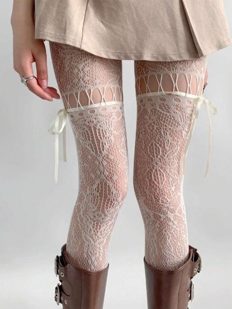 1 par de medias suaves de encaje calado con diseño de lazo para mujer, mallas ajustadas y lindas adecuadas para uso diario - Blanco - Ver 1