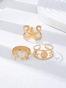 3 Pcs Ocean Beach Starfish Rings Set For Women, Hammered Metal Sealife Ring Stackable, Vacation Style Beachy Jewelry - Gold - View 2