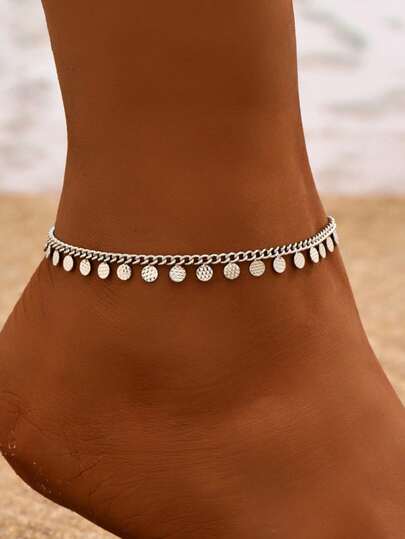 1pc Bohemian Style Stainless Steel Round Disc Pendant Anklet, Women's Daily And Vacation Accessory