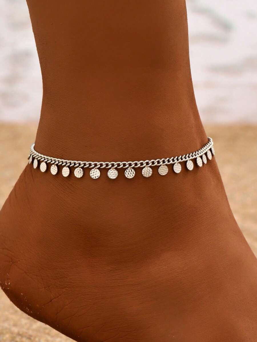 1pc Bohemian Style Stainless Steel Round Disc Pendant Anklet, Women's Daily And Vacation Accessory - Silver - View 1