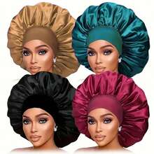 Awegeo 2 piezas Gorro de dormir de satén para mujeres, unicolor, para protección del cabello y uso diario - Negro + Morado - Ver 26