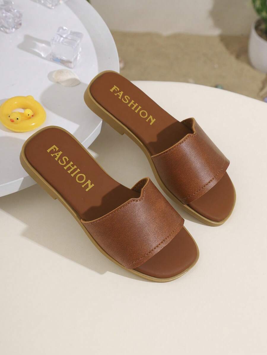 1 đôi dép xăng đan một quai màu nâu tối giản, kiểu dáng retro, đế bằng chống trơn trượt, thích hợp cho nữ sinh trung học mùa hè. - màu nâu - Xem 1