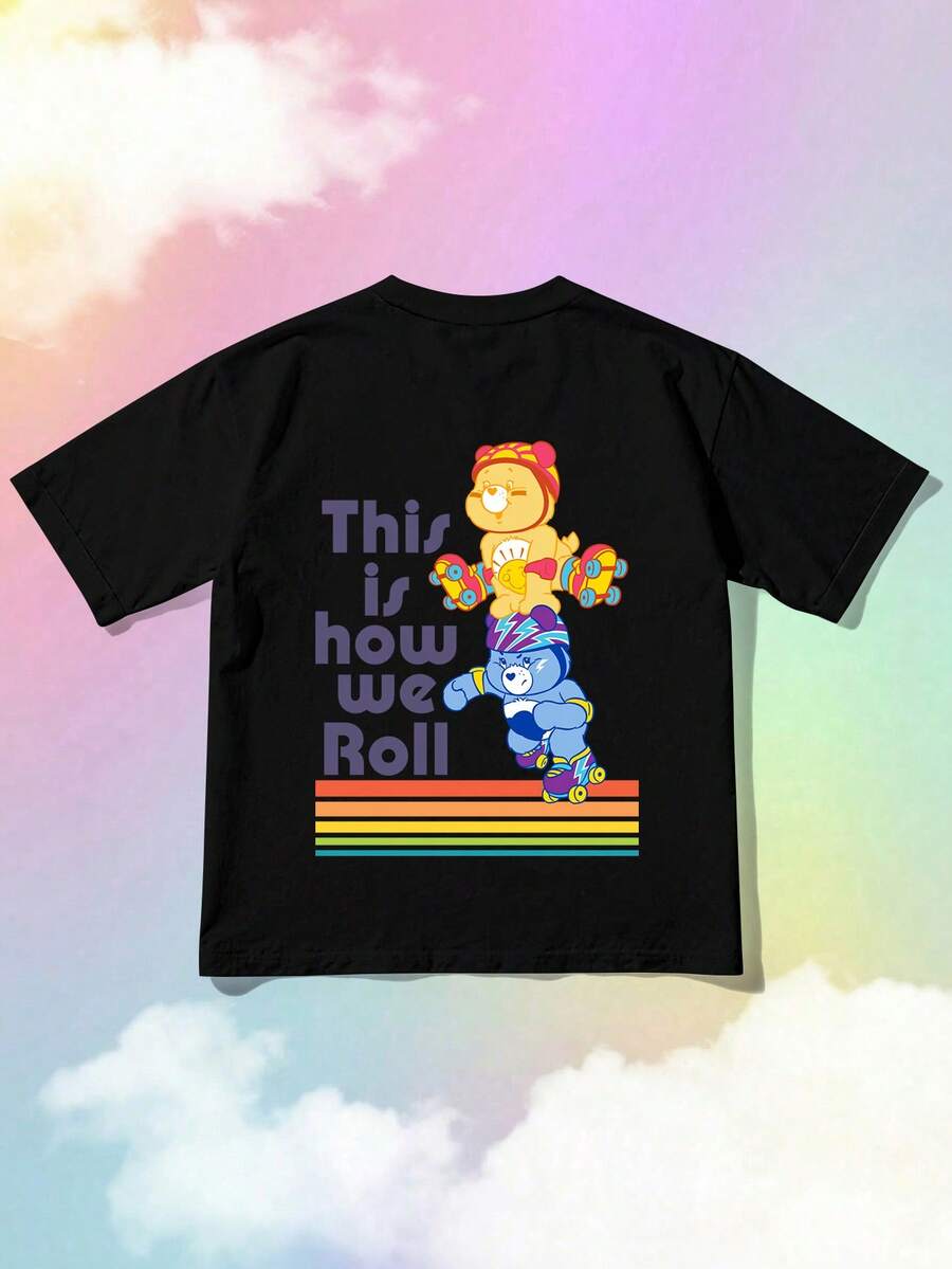 SHEIN | Care Bears 休闲卡通条纹标语印花短袖上衣，夏季 - 黑色 - 查看 1