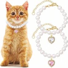2pcs Elegant Pet Collar, Faux Pearl Luxury Necklace With Heart Rhinestone Pendant, Adjustable Size Suitable For Small/Medium/Large Cats And Dogs, Wear Daily Or For Holidays - Multicolor - View 15