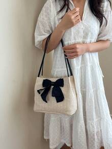 Túi cói thiết kế độc đáo dành cho nữ, dung tích lớn, cá tính, lãng mạn, thường ngày, có nơ. Túi đeo vai bằng cói cói thắt nơ, thiết kế riêng cho nữ. - màu đen - Xem 3