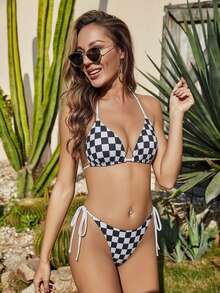 Bộ bikini gợi cảm buộc dây cổ, họa tiết bàn cờ, dành cho nữ, thích hợp mặc đi biển mùa hè. - Đen và trắng - Xem 3
