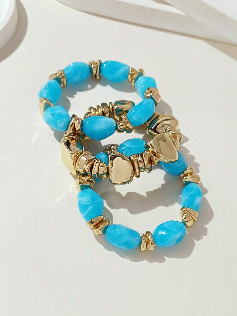 3pcs/Set Gelang Manik-Manik Akrilik Tebal Multi-Lapisan Multi-Warna Gaya Retro Bohemian dengan Hiasan Batu Hancur Emas untuk Wanita