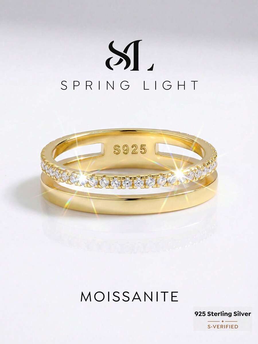 1枚独特浪漫镂空单层全钻莫桑石结婚戒指，S925纯银奢华订婚戒指、承诺戒指、周年纪念戒指、女士珠宝礼物、圣诞礼物 - 鏤空單層滿鑽莫桑戒指 - 查看 1