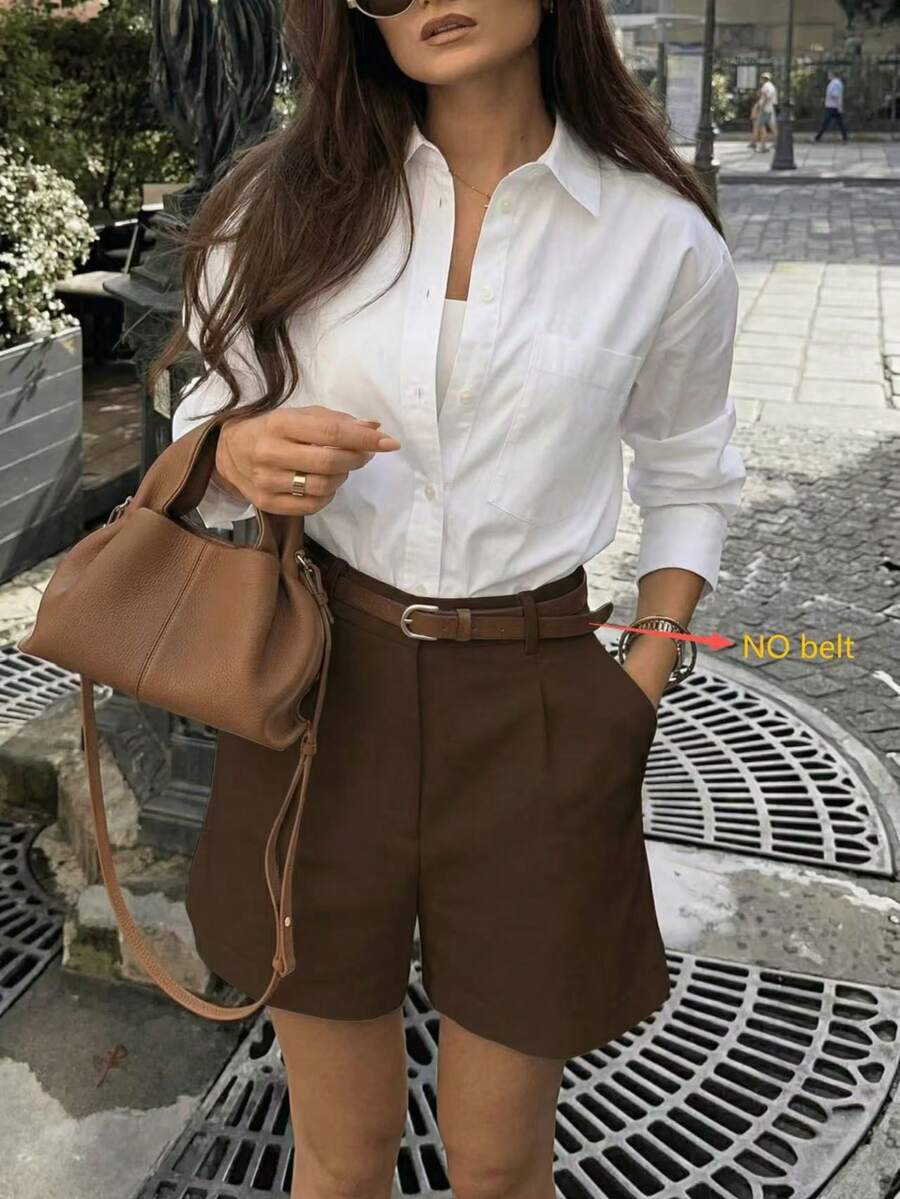 春夏新款纯色西装短裤，优雅通勤风 - 咖啡棕 - 查看 1