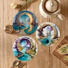 6pcs 2D Printed Mysterious Dimension Design Wooden Coasters, Suitable For Patio, Kitchen, Living Room, Home Gatherings, Dining Table Decor, Ideal Gift For Friends And Family On Holidays, Weddings, Birthdays, Parties, Home Decor Accessories - Multicolor - View 3