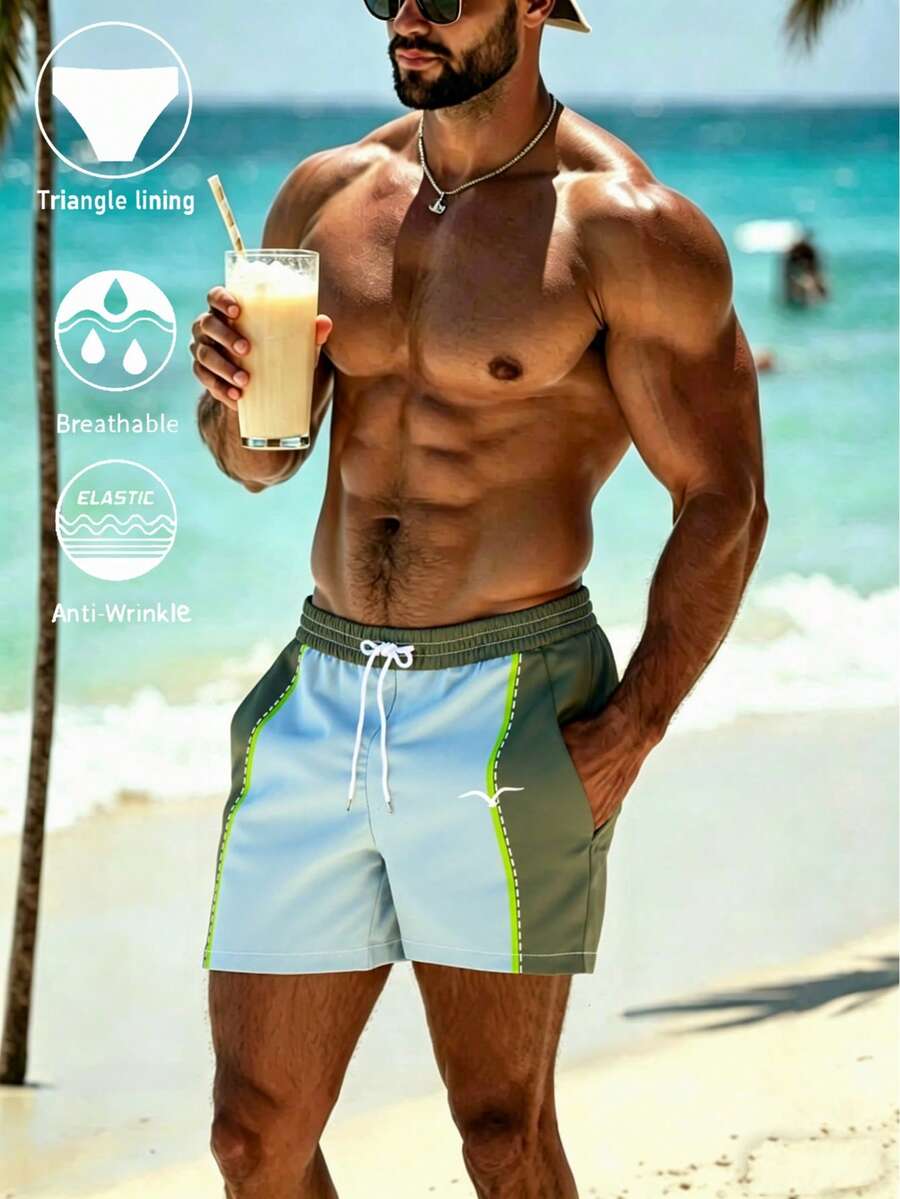 Men's Quick-Dry Mesh-Lined Swimming Shorts With Contrast Color, Seagull Print, Drawstring Waist And Side Pockets