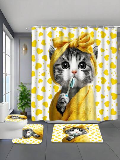 1pc/4pcs - Yellow Kitty Shower Curtain Set, Bathroom Decor & Accessories, Cartoon Cute Cat Headband Towel Heart Background 12 Hooks Shower Curtain, Non-Slip Bath Mat, U-Shaped Toilet Cover, Lid Cover