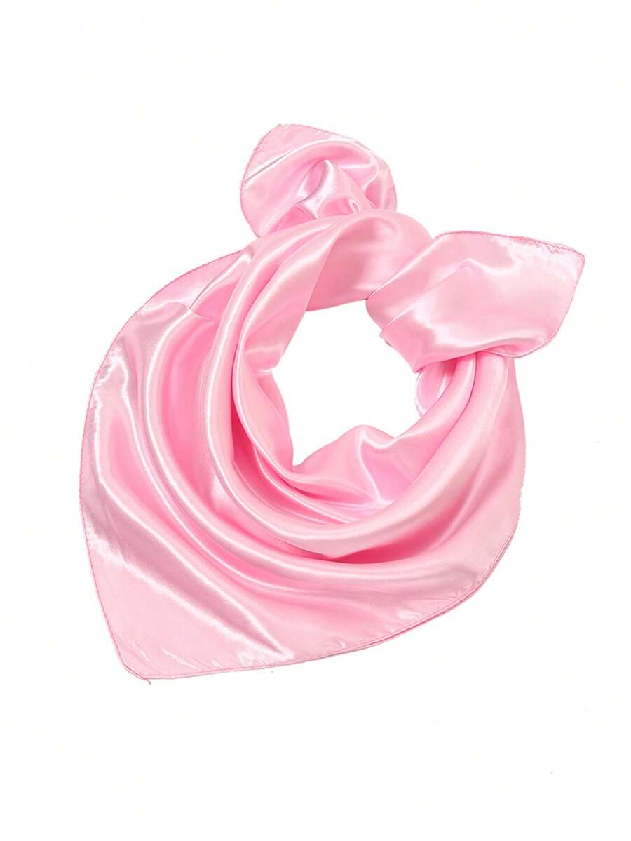 1pc Bandana Women's Solid Color Printed Square Scarf Silk Scarf Headscarf Wrap Decoration Silk Scarf Suitable For Daily Use,Beach,Holiday - Pink - View 1