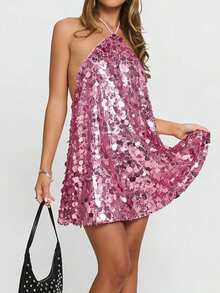 Women's Sequin Sparkly Glitter Dress Halter Neck Sexy Sleeveless Backless Party Club Mini Dresses - 粉色 - 查看 2