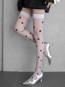 1双女士波点过膝袜，夏季薄款透明长筒袜 - 白色 - 查看 1