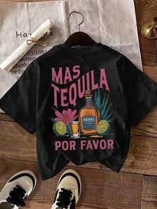 Women's Casual Tequila Sunrise Cocktail Floral Print T-Shirt, Lightweight Round Neck, Spring/Summer Sportswear - Black - View 2