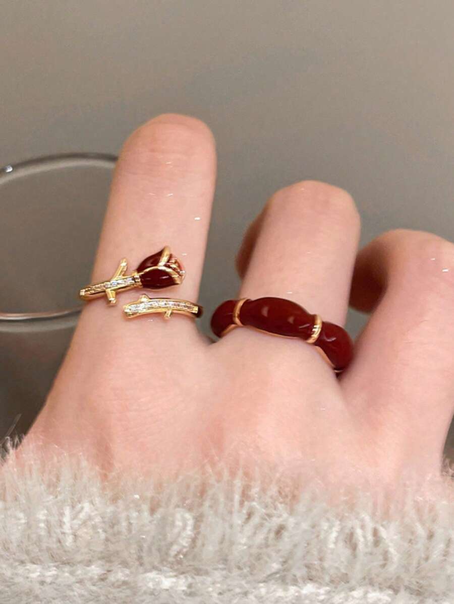 2pcs/Set Fashion Rose Decor Open Ring, Suitable For Women's Everyday Wear - Many - View 1