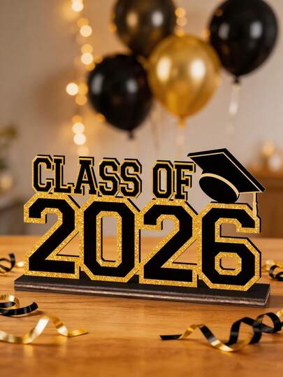 Bộ 1 món trang trí tốt nghiệp năm 2026, màu đen và vàng điểm xuyết kim tuyến; vật trang trí để bàn bằng gỗ hình số 2026, phù hợp cho tất cả các sinh viên tốt nghiệp; đồ dùng trang trí tiệc tốt nghiệp năm 2026; phù hợp cho các bữa tiệc theo chủ đề, tiệc sinh nhật, đám cưới và các bữa tiệc ngày lễ.