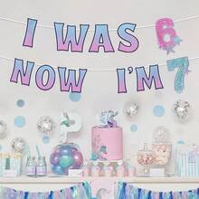 1套 I Was 6 Now I'm 7 漸層亮片數字DIY繩掛布條，粉藍漸層 7 歲生日裝飾牌，亮片 6 到 7 星形剪紙花環，適合馬卡龍色美人魚主題生日派對裝飾用品 - 多色 - 查看 5
