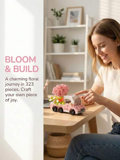 Bộ xếp hình 323 mảnh hình xe tải hoa hồng màu hồng dành cho người lớn từ 14 tuổi trở lên, bộ lắp ráp mô hình xe hơi bó hoa tự làm, đồ trang trí bàn làm việc, quà tặng sinh nhật, ngày Valentine sáng tạo cho thanh thiếu niên và phụ nữ.