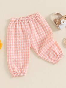 Pantalones largos a cuadros para niños y niñas pequeños con cintura elástica, adorables y casuales. - Naranja - Ver 4