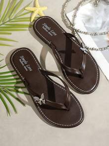 Women's Summer Flip Flops Flat Sandals With Butterfly Flower, Rhinestone And Pearl Decor, Round Toe Minimalist Design, Lightweight And Fashionable For Casual, Party, Holiday, Comfortable Beach Shoes - Brown - View 6