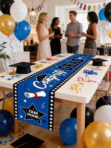 1pc Blue Black Graduation Party Table Runner, Graduation Decoration Tablecloth, Table Flag, Table Cloth, 2026 Graduation Party Decoration, Graduation Party Supplies, 2026 Graduation Gifts, Party Favors, Photo Props, Graduation Decoration For Home, Kitchen Decoration Table Cover - Blue and Black - View 5