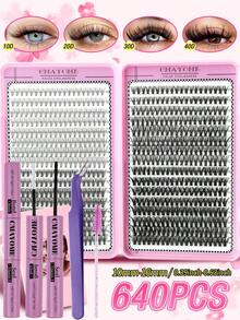 592/640片C/D卷度单根假睫毛，含胶水、镊子、刷子，DIY眼妆，轻松在家打造精致妆容，高容量分段式假睫毛，放大双眼，DIY狐狸眼/猫眼妆教程，柔软自然浓密假睫毛+镊子+刷子套装，大容量持久假睫毛，适合角色扮演、婚礼、户外、旅行、派对等场合，新手友好，学生返校必备化妆工具 - 彩色 - 查看 22