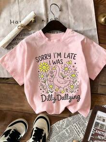 [Cotton T-Shirt] Tweed Girl Girls' Clothing - Casual Printed Pullover Crew Neck T-Shirt - Spring, Summer, And Autumn Student Young Children's Short-Sleeve Top - Perfect For Play And Casual Outings, This Fun And Colorful T-Shirt Will Inspire Every Child's Imagination. A Great Clothing Gift For Children. - 粉色 - 查看 2