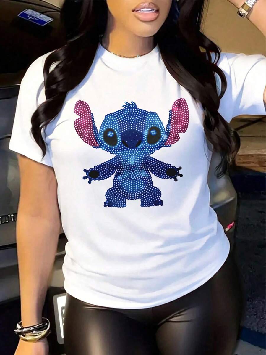 Disney Women's Casual Pop Art Style Stitch Print Cotton Short-Sleeved T-Shirt, Men's Sizes Suitable For The Whole Family, Please Note Before You Buy That This Dress Is Not Made Of Sequins. - 白色 - 查看 1