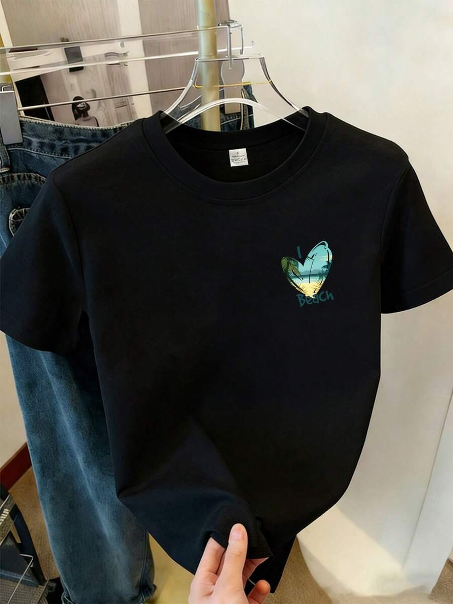 New Summer Fashion Fashion Women's Summer Short Sleeve T-Shirt Top With Exquisite Letter Print Pattern, Versatile Pullover Women's Topcotton T-Shirt - 黑色 - 查看 1