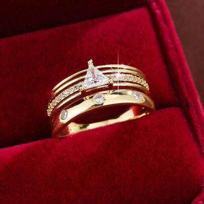 1 chiếc nhẫn bản rộng đính đá Cubic Zirconia họa tiết đường hình học dành cho nữ