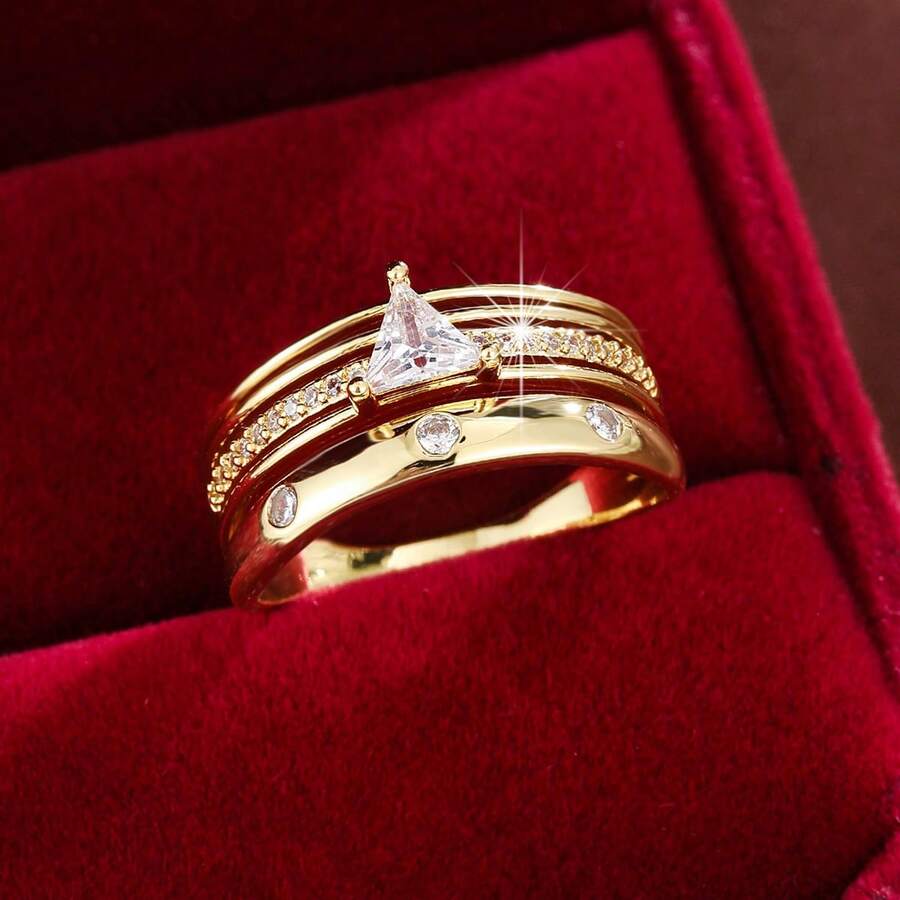 1 chiếc nhẫn bản rộng đính đá Cubic Zirconia họa tiết đường hình học dành cho nữ - Nhiều màu - Xem 1